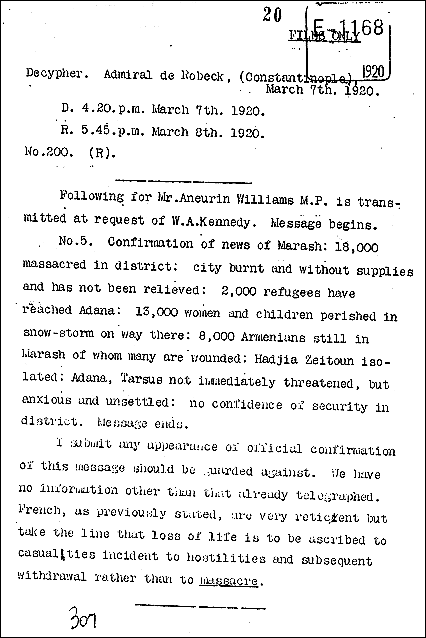 Reporte sobre las masacres de Armenios en Cilicia bajo la administración Francesa. - Genocidio Armenio